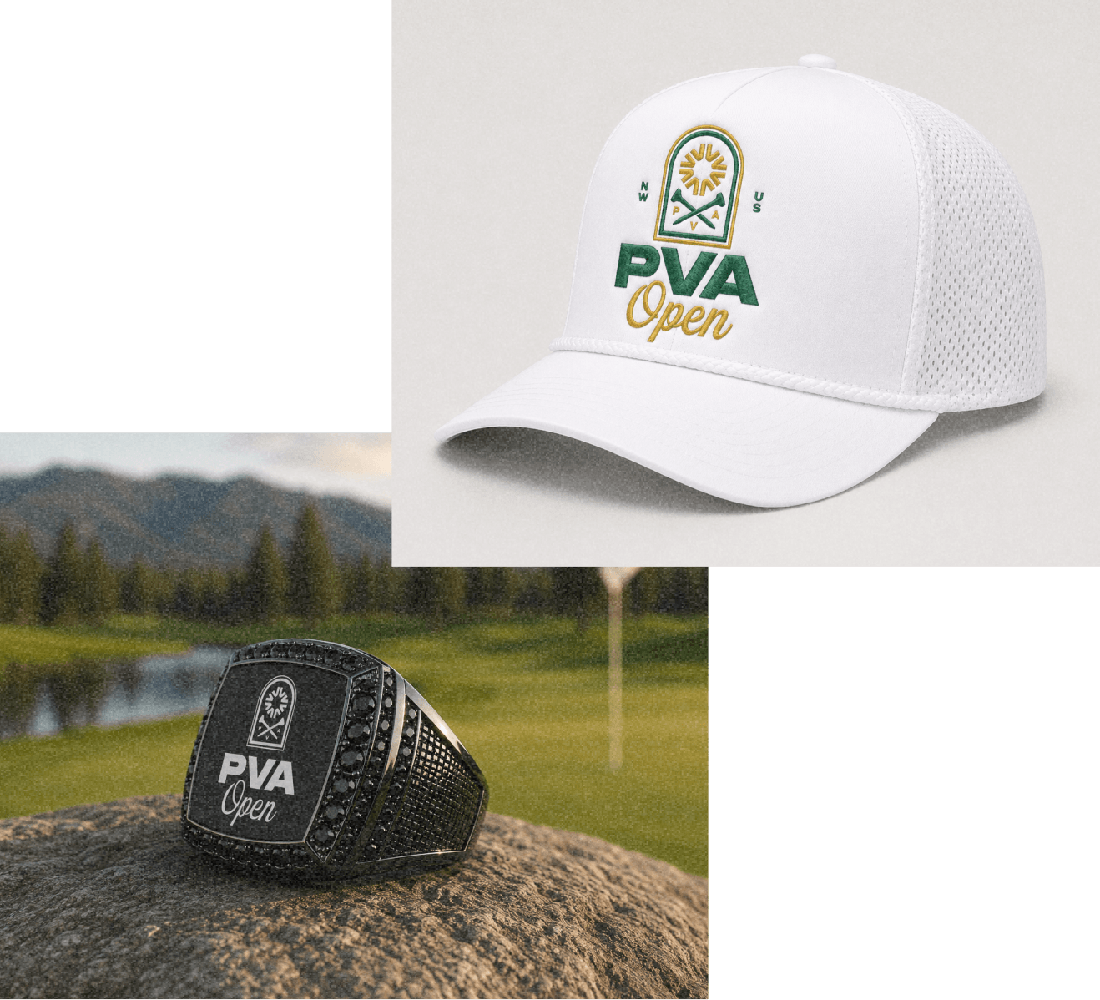 A white PVA Open hat and a black PVA Open championship ring